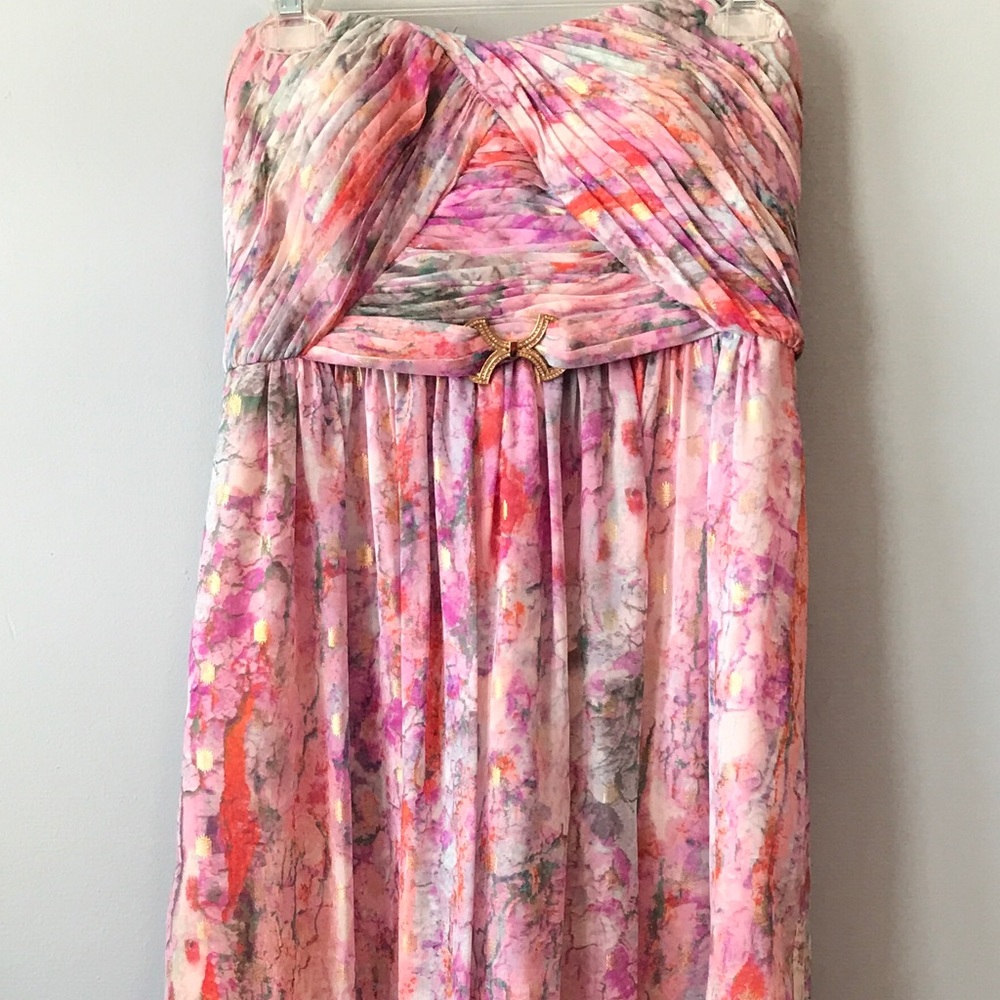 Formal floral maxi dress with gold polka dots